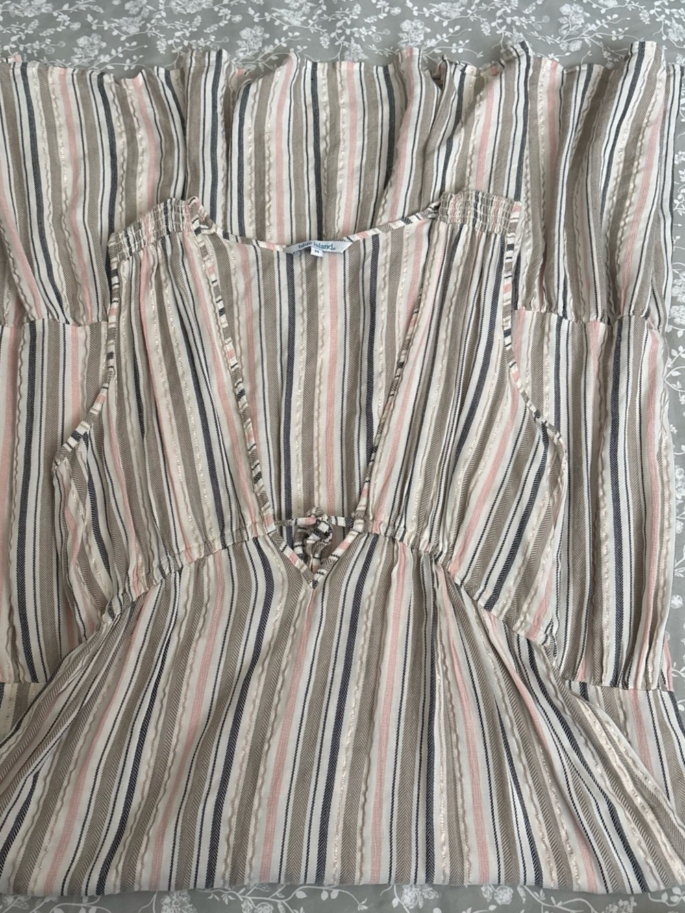 blue island Striped V-Neck Dress in Pink, Taupe & Navy